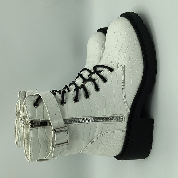 White Croc Embossed Combat Boots - Picture 2 of 7